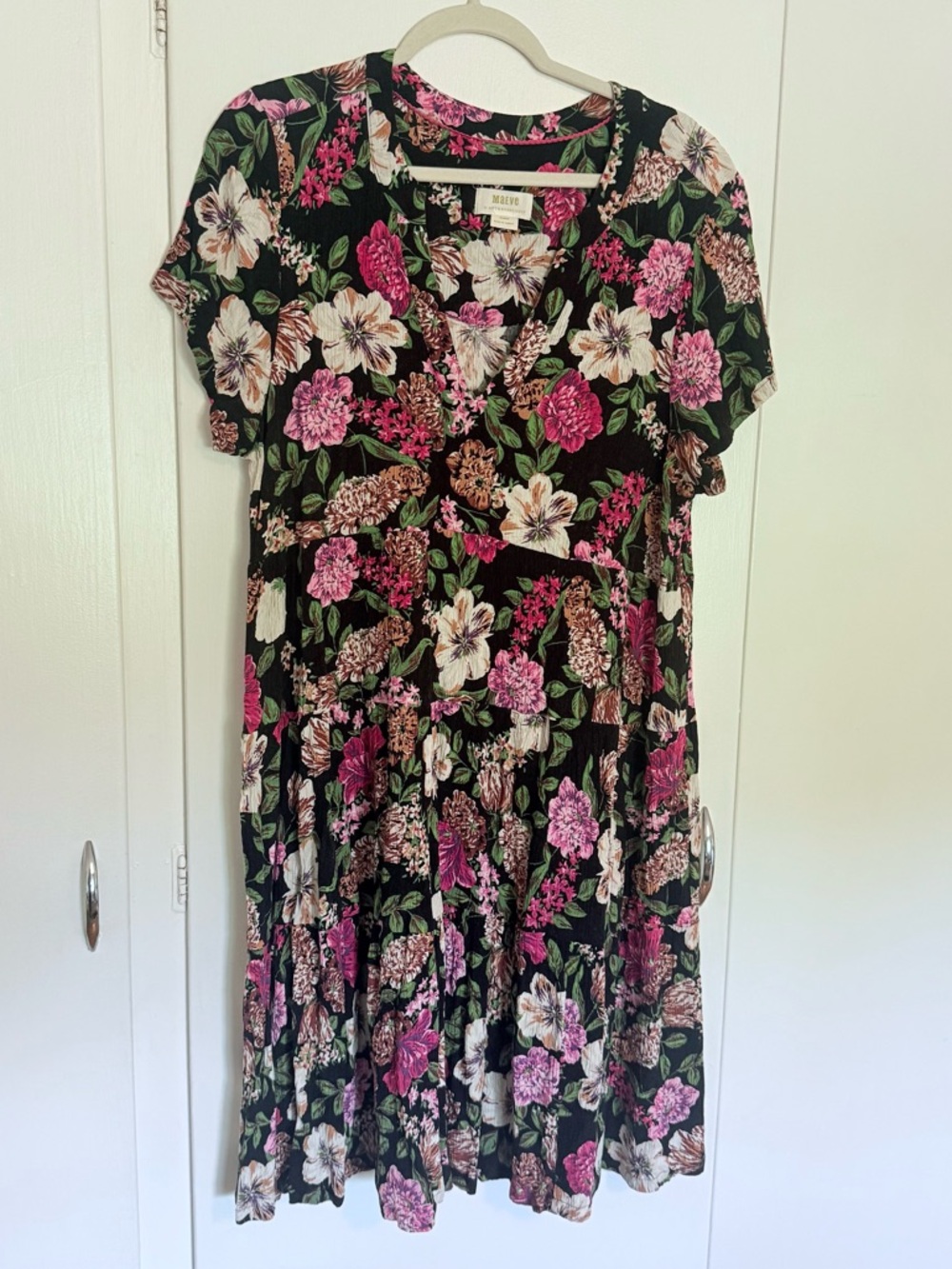 Anthropologie Maeve Black Floral Dress with Pink, Purple & Green
